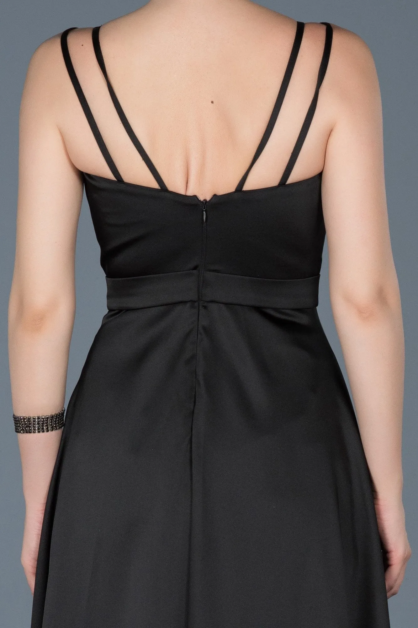 16739 Black Slit Satin Dress