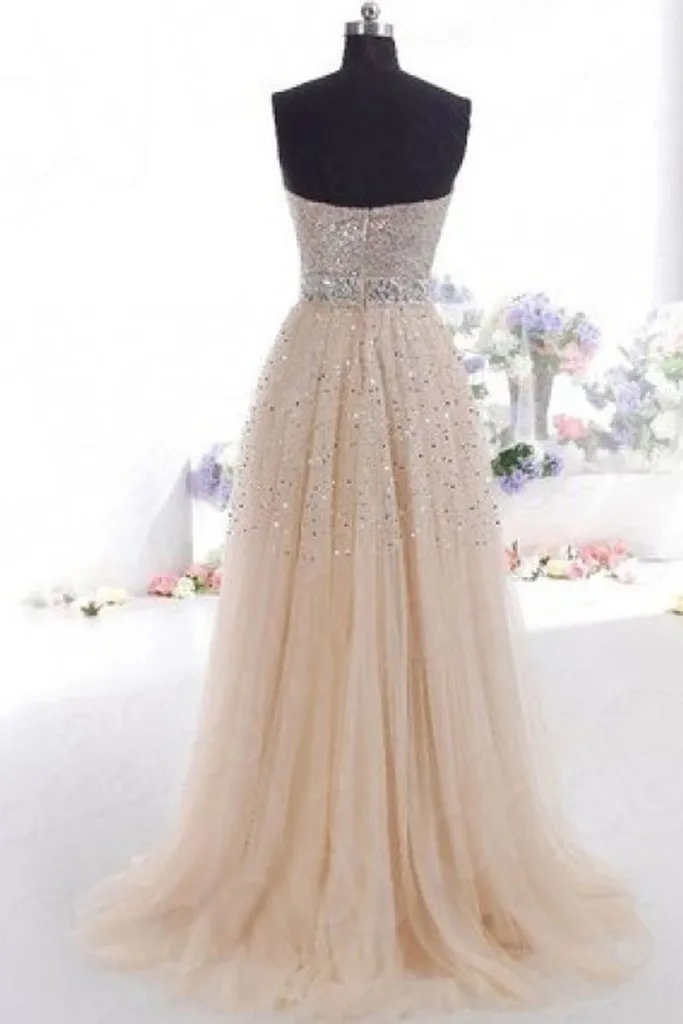 A-line Sweetheart Floor-Length Tulle Sequined Prom Dresses HX00130