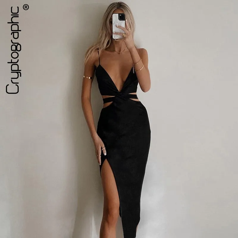 Cryptographic Sexy Backless Cutout Midi Dress Club Party Outfits for Women Sleeveless Elegant Straps V Neck Dresses Vestidos