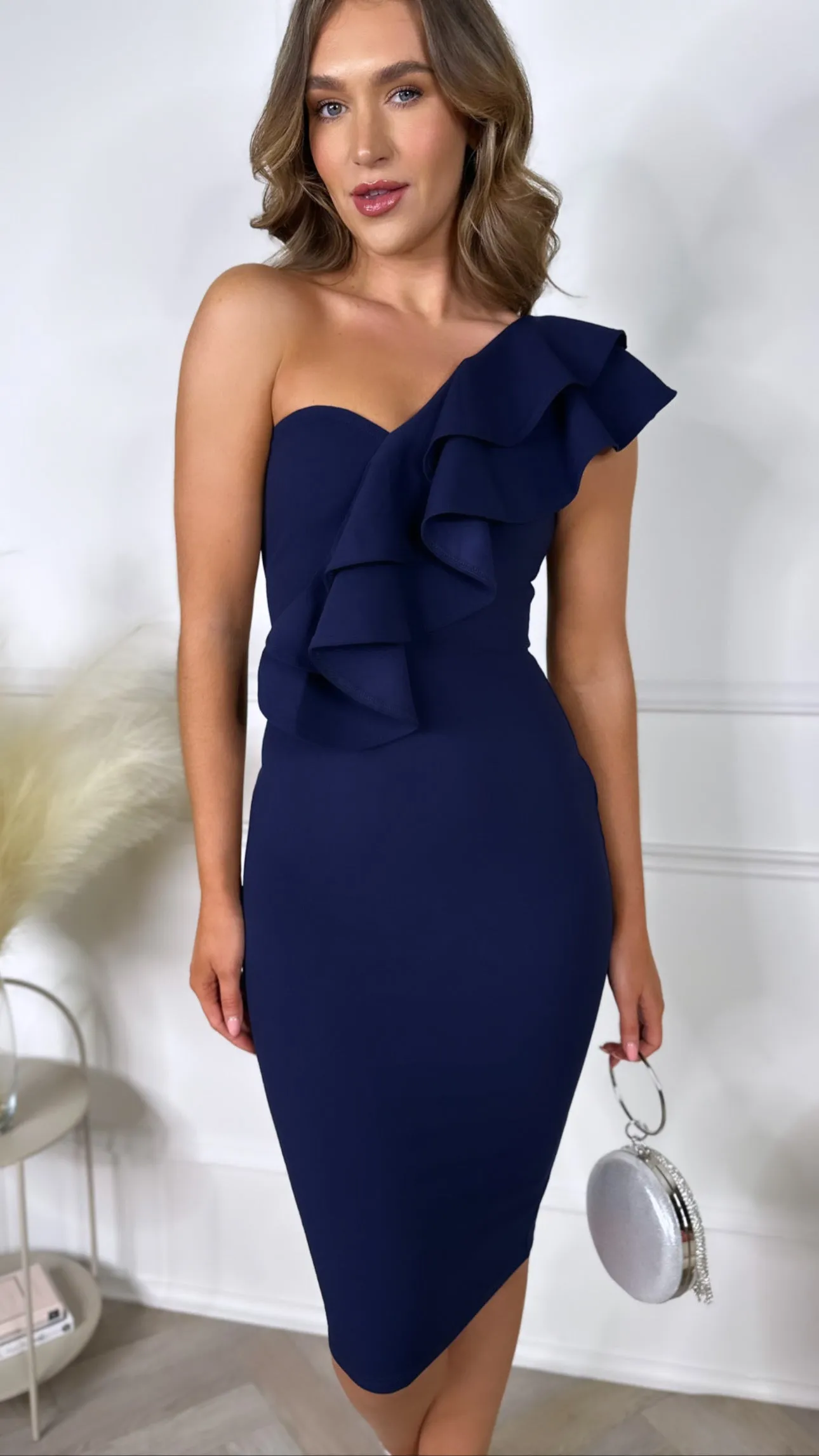 Francesca Navy One Shoulder Exaggerated Ruffle Midi Dress
