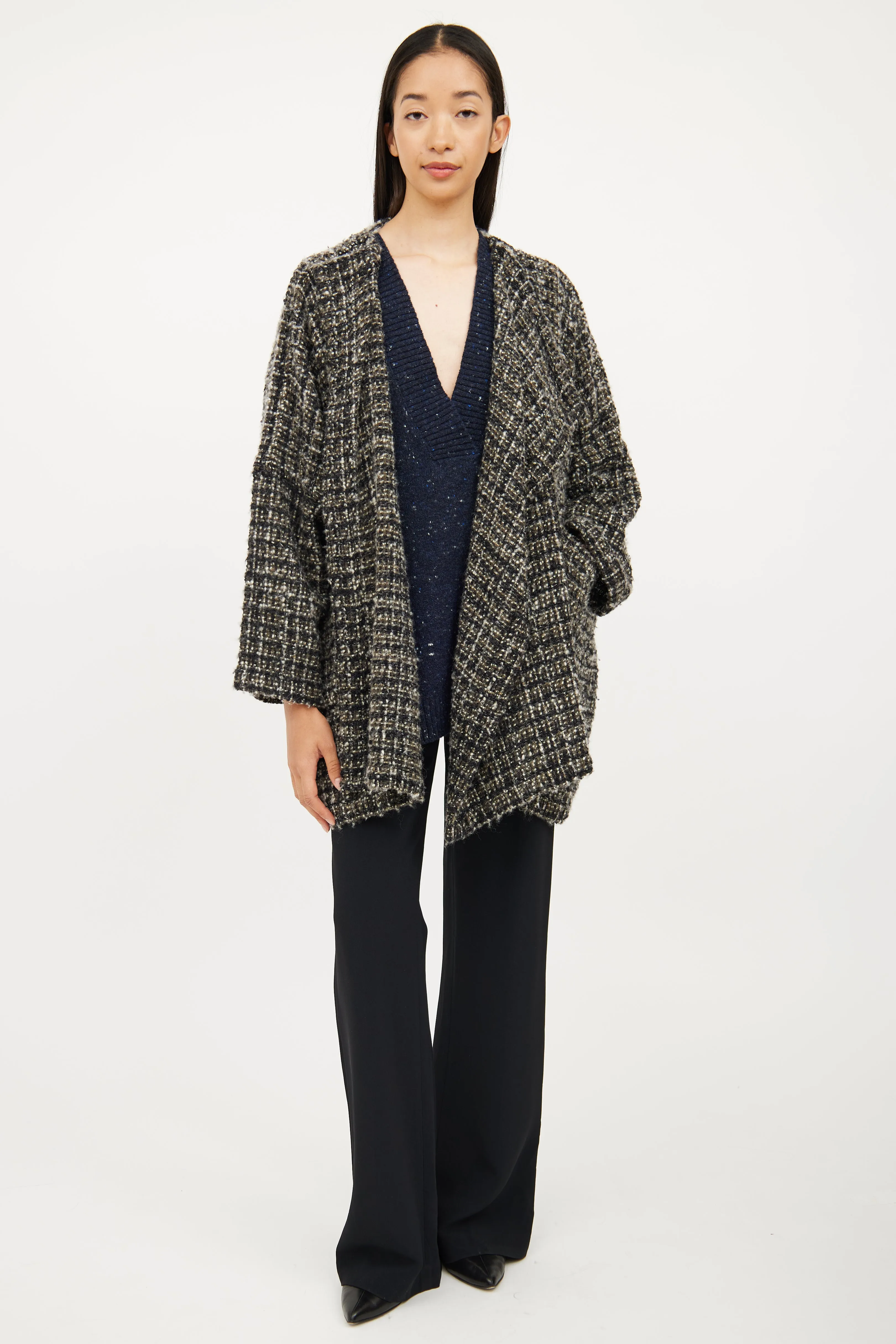 Green & Black Tweed Open Cardigan