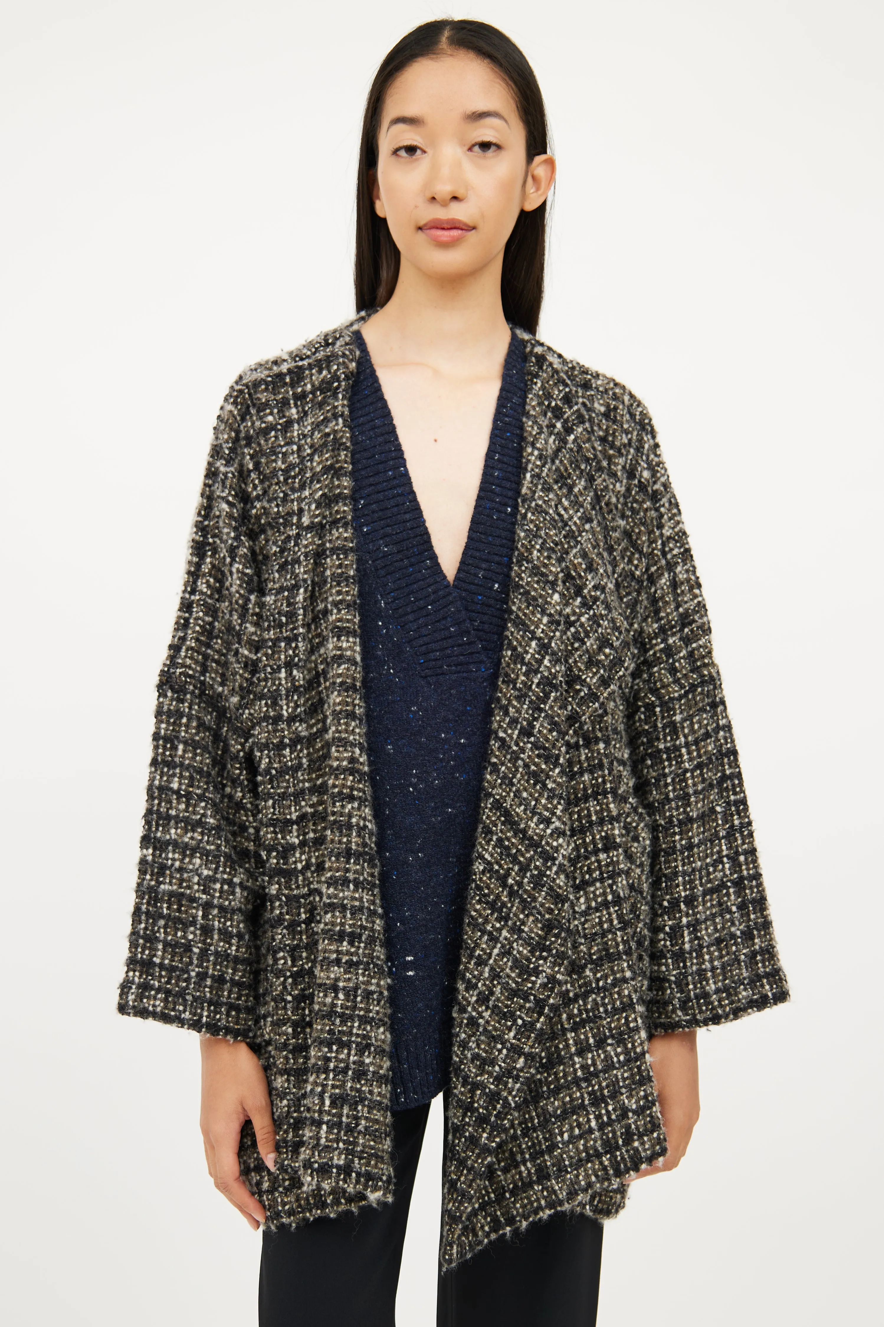 Green & Black Tweed Open Cardigan