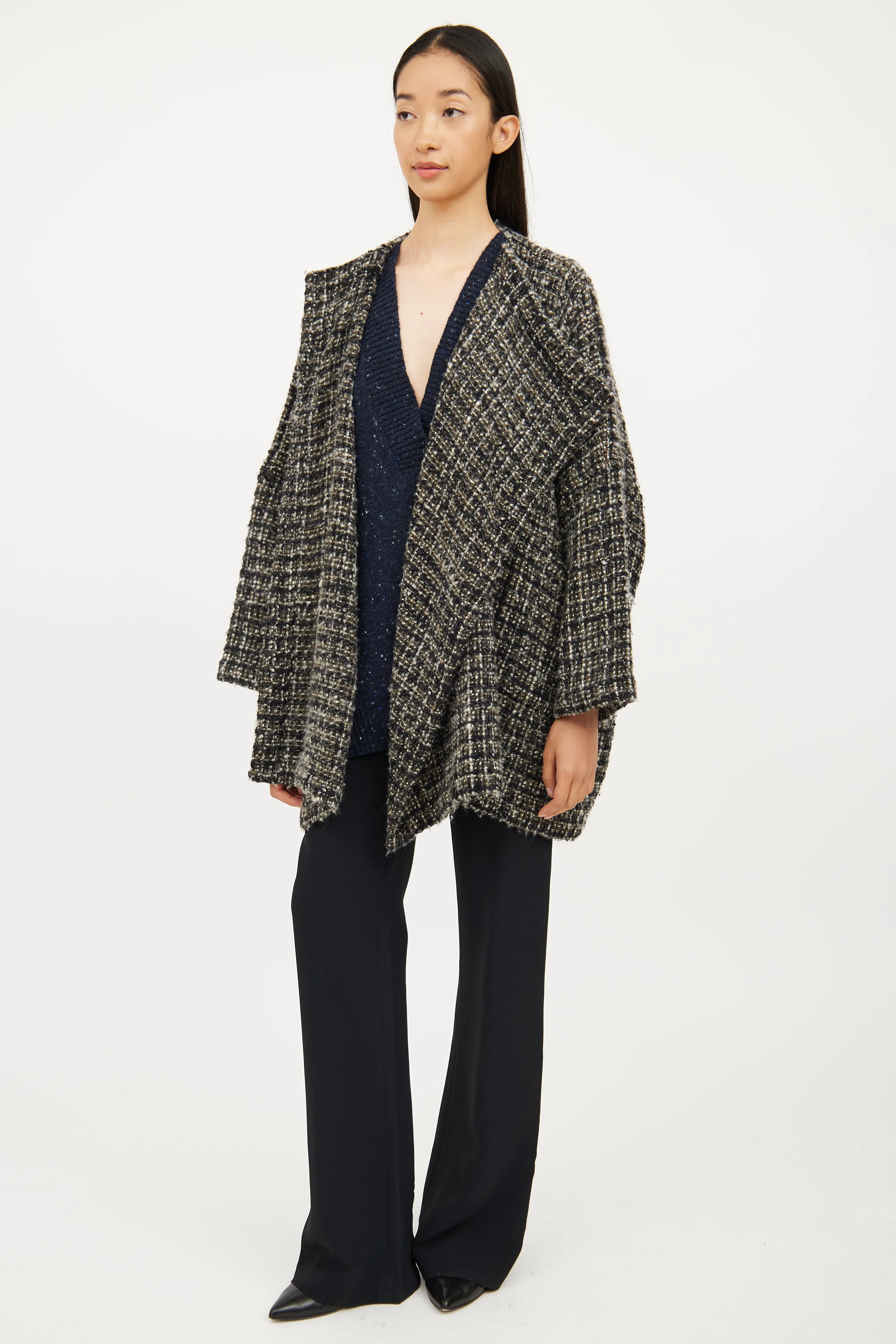Green & Black Tweed Open Cardigan
