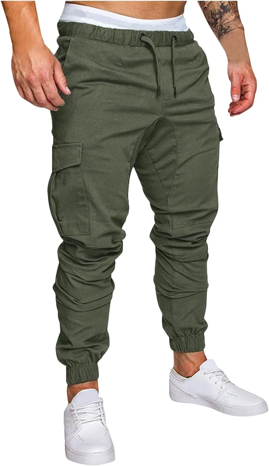 Joggers for Men Slim Fit Elastic Waist Athletic Hiking Cargo Sweatpants Drawstring Casual Pants with Pockets