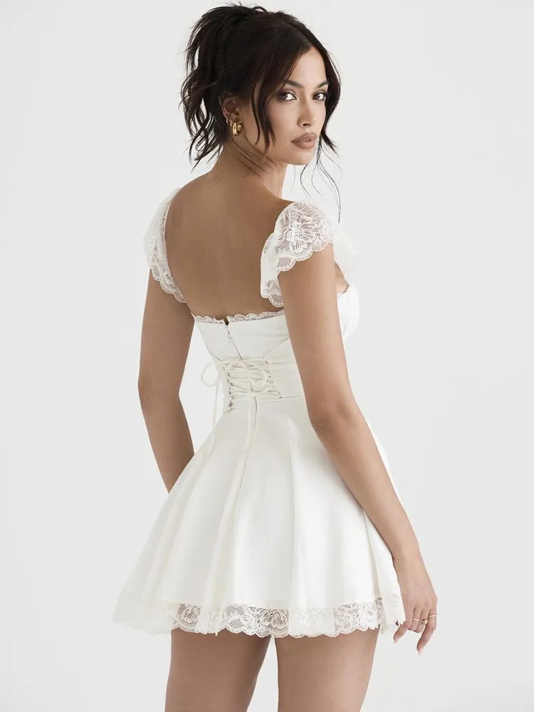 Karlofea Double Layered Wedding Guset Dresses For Women Chic Sweet Kawaii Birthday Party Outfits Sexy A Line Lace White  Dress