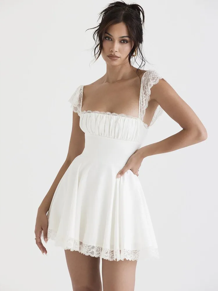 Karlofea Double Layered Wedding Guset Dresses For Women Chic Sweet Kawaii Birthday Party Outfits Sexy A Line Lace White  Dress