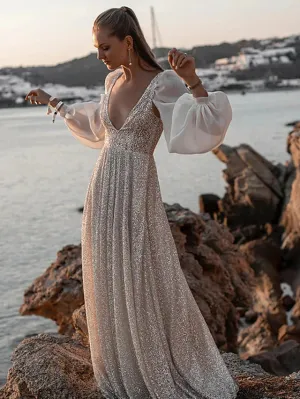 Luolandi Beach Open Back Boho Wedding Dresses Sweep / Brush Train A-Line Long Sleeve V Neck Sequined