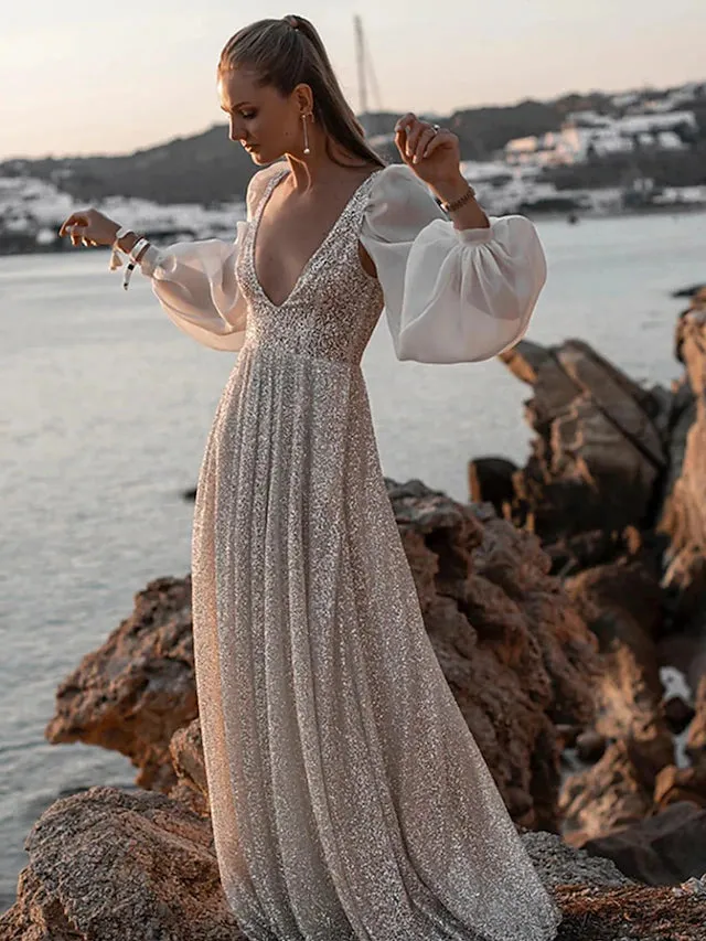 Luolandi Beach Open Back Boho Wedding Dresses Sweep / Brush Train A-Line Long Sleeve V Neck Sequined