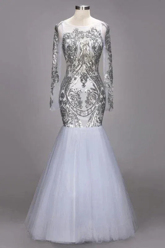 Luolandi Mermaid Long Sleeves Floor Length Sequined Tulle Prom Dresses Open Back Sparkly Evening Dress