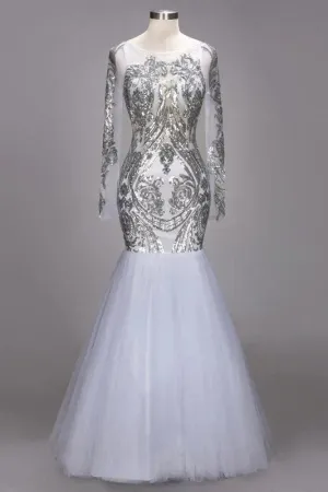 Luolandi Mermaid Long Sleeves Floor Length Sequined Tulle Prom Dresses Open Back Sparkly Evening Dress