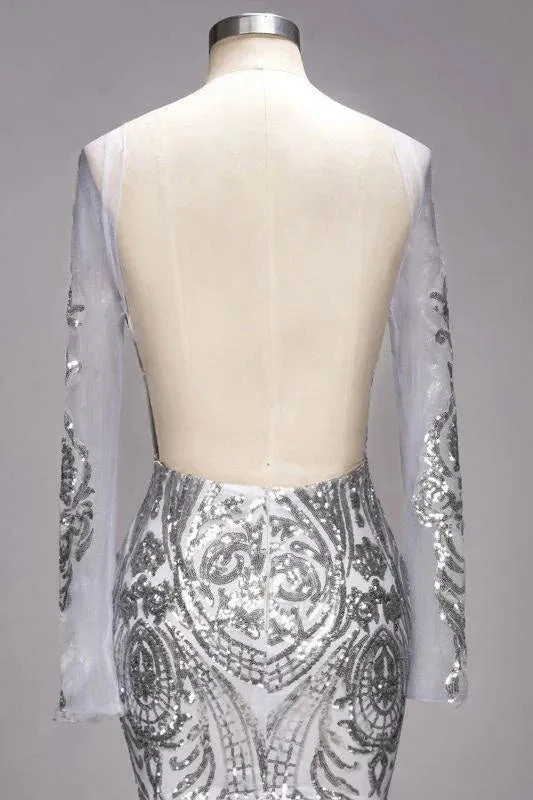 Luolandi Mermaid Long Sleeves Floor Length Sequined Tulle Prom Dresses Open Back Sparkly Evening Dress