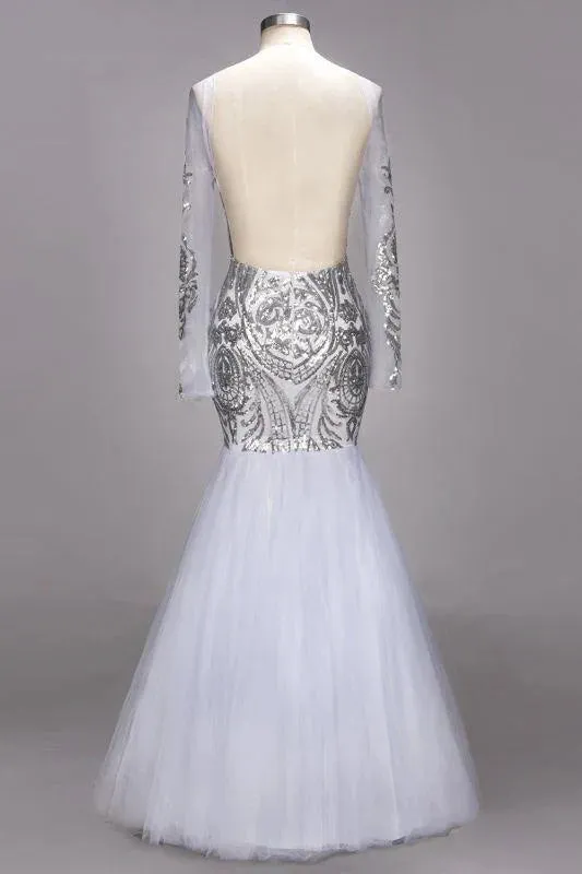 Luolandi Mermaid Long Sleeves Floor Length Sequined Tulle Prom Dresses Open Back Sparkly Evening Dress
