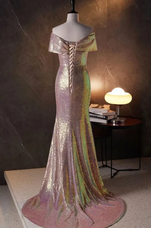 Luolandi Mermaid Sparkly Sequined Formal Party Dress Sweep/Brush Train Dresses Off Shoulder Evening Dress