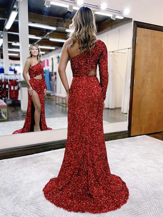 Luolandi Mermaid / Trumpet Prom Dresses Sparkle & Shine Dress Formal Court Train Long Sleeve One Shoulder Sequined Backless
