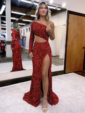 Luolandi Mermaid / Trumpet Prom Dresses Sparkle & Shine Dress Formal Court Train Long Sleeve One Shoulder Sequined Backless