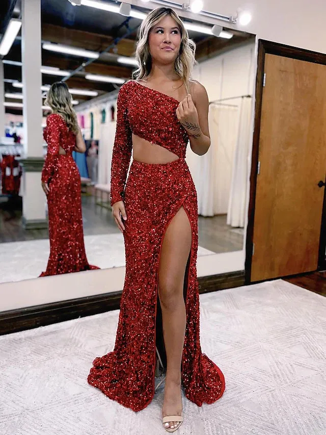Luolandi Mermaid / Trumpet Prom Dresses Sparkle & Shine Dress Formal Court Train Long Sleeve One Shoulder Sequined Backless