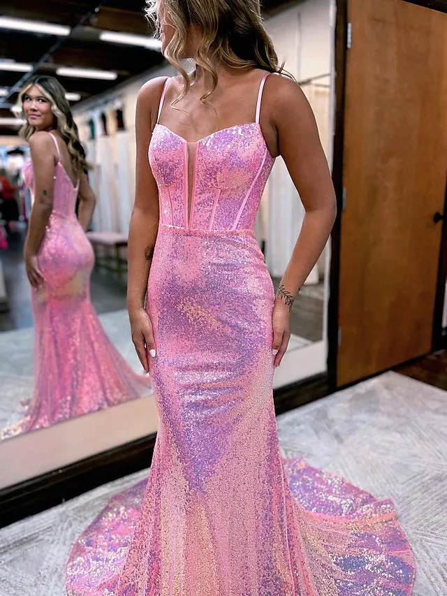 Luolandi Mermaid / Trumpet Prom Dresses Sparkle & Shine Dress Formal Court Train Sleeveless Spaghetti Strap Sequined V Back