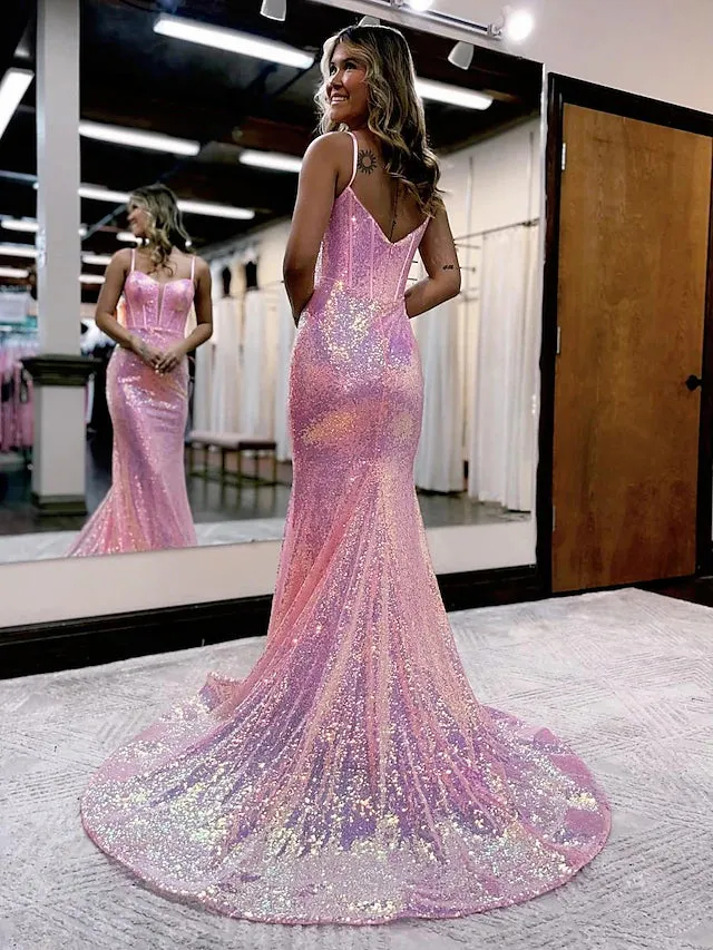 Luolandi Mermaid / Trumpet Prom Dresses Sparkle & Shine Dress Formal Court Train Sleeveless Spaghetti Strap Sequined V Back