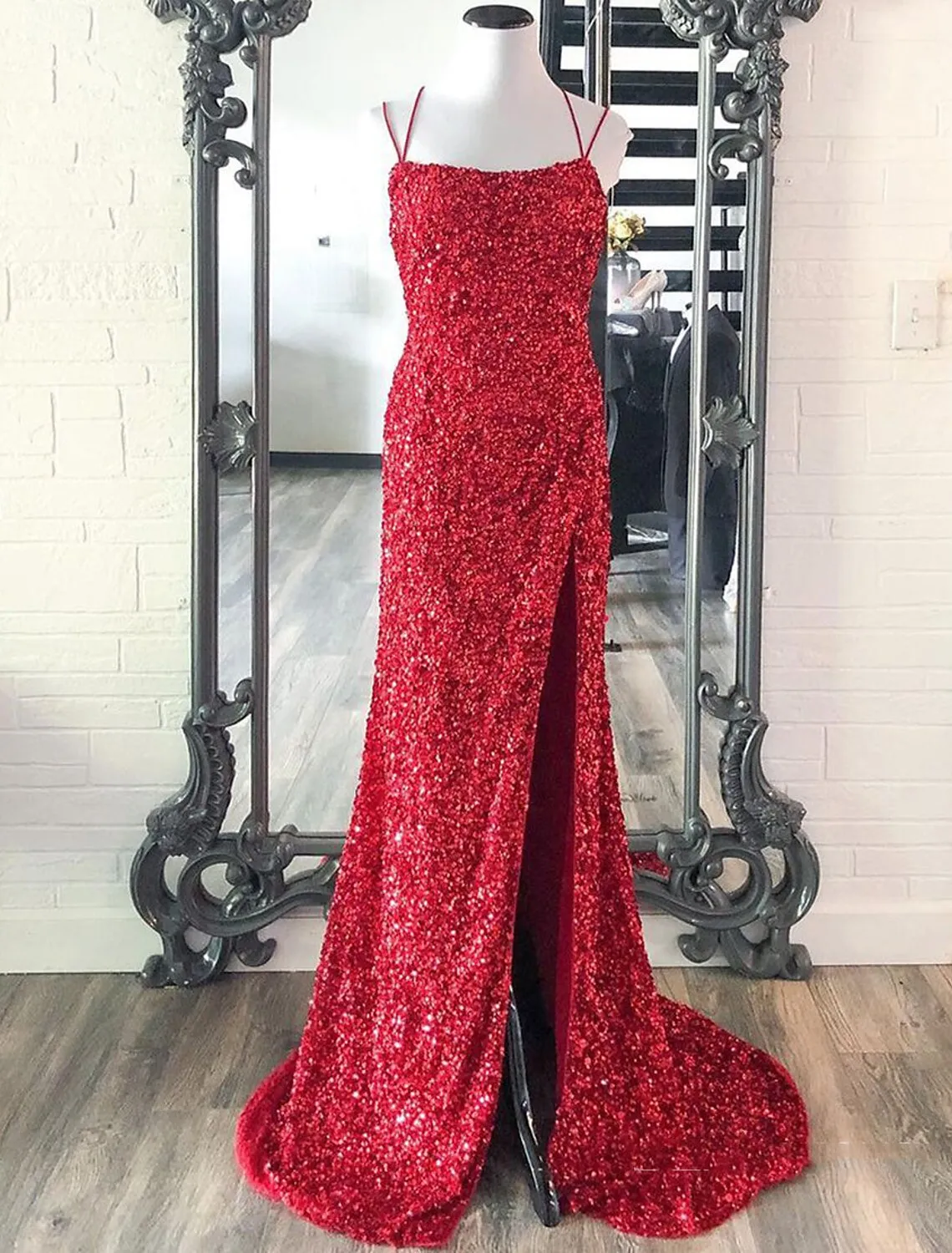 Luolandi Mermaid / Trumpet Prom Dresses Sparkle & Shine Dress Wedding Guest Party Wear Floor Length Sleeveless Spaghetti Strap Sequined
