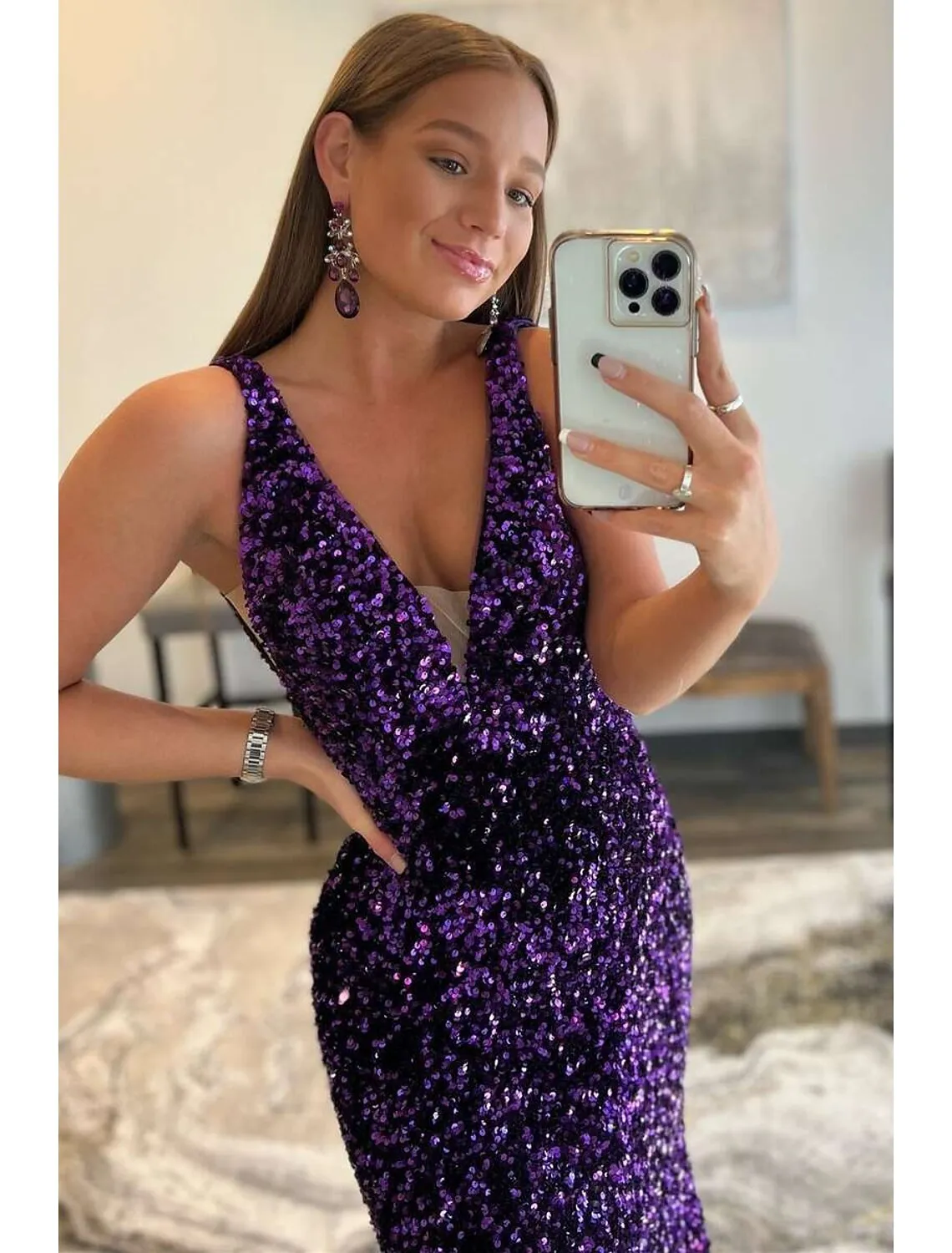 Luolandi Mermaid / Trumpet Prom Dresses Sparkle &amp; Shine Dress Formal Sweep / Brush Train Sleeveless V Neck Sequined Backless