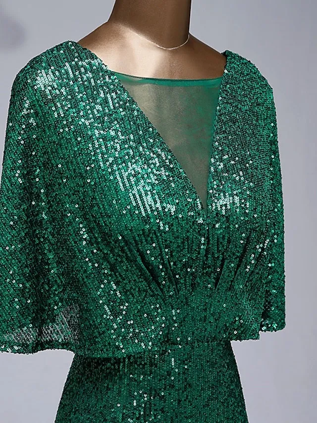 Luolandi Mermaid / Trumpet Prom Dresses Sparkle Dress Wedding Guest Floor Length Half Sleeve Illusion Neck Sequined with Sequin Evening Dress