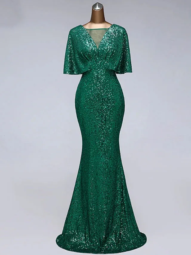 Luolandi Mermaid / Trumpet Prom Dresses Sparkle Dress Wedding Guest Floor Length Half Sleeve Illusion Neck Sequined with Sequin Evening Dress