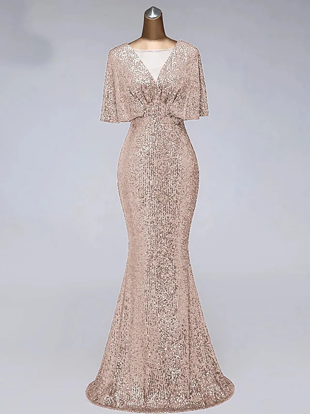 Luolandi Mermaid / Trumpet Prom Dresses Sparkle Dress Wedding Guest Floor Length Half Sleeve Illusion Neck Sequined with Sequin Evening Dress