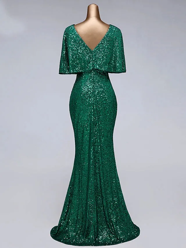 Luolandi Mermaid / Trumpet Prom Dresses Sparkle Dress Wedding Guest Floor Length Half Sleeve Illusion Neck Sequined with Sequin Evening Dress