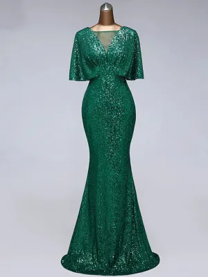 Luolandi Mermaid / Trumpet Prom Dresses Sparkle Dress Wedding Guest Floor Length Half Sleeve Illusion Neck Sequined with Sequin Evening Dress