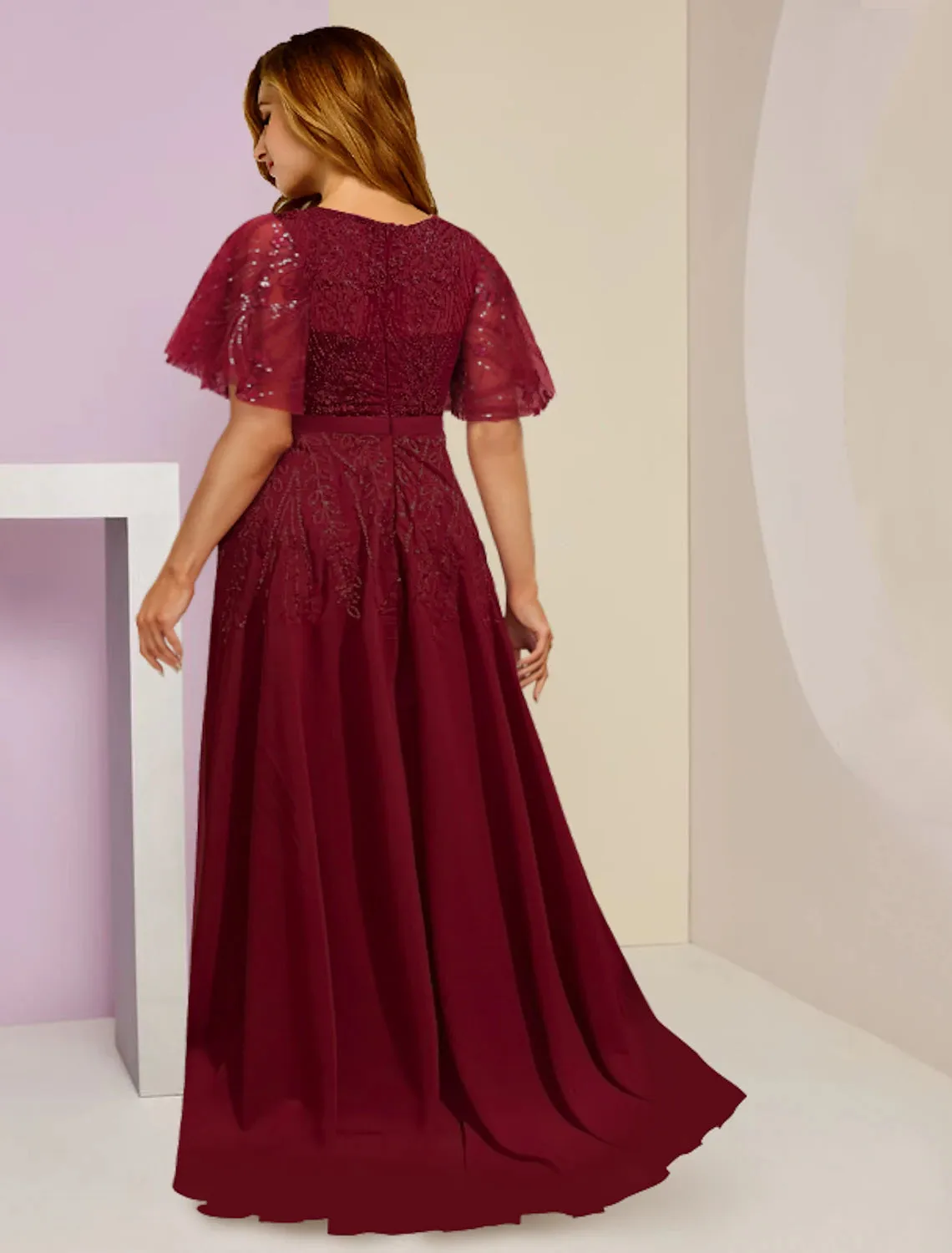 Luolandi Mother of the Bride Dresses Plus Size Curve Hide Belly Wedding Guest Elegant Sparkle & Shine V Neck Floor Length Chiffon Lace Sequined Short Sleeve with Pleats Split