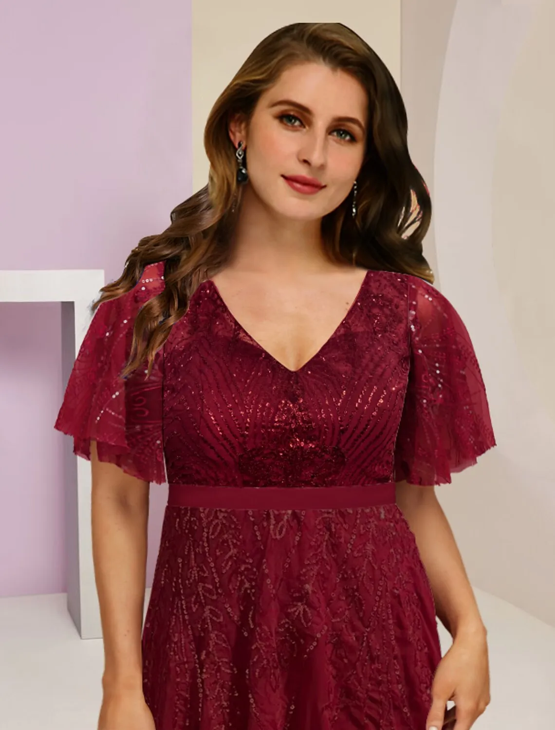 Luolandi Mother of the Bride Dresses Plus Size Curve Hide Belly Wedding Guest Elegant Sparkle & Shine V Neck Floor Length Chiffon Lace Sequined Short Sleeve with Pleats Split