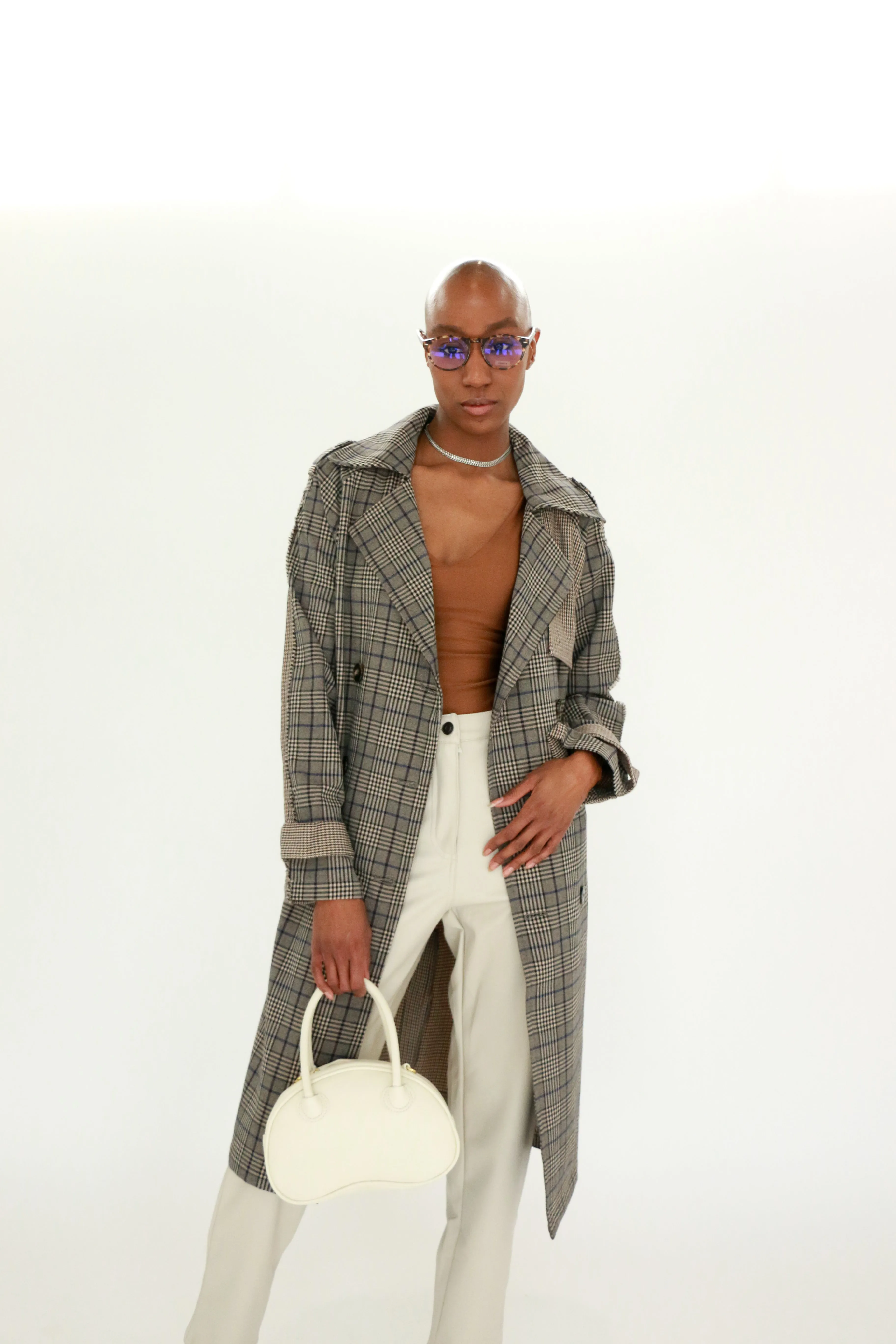 Shinely Plaid & Houndstooth Trench Coat