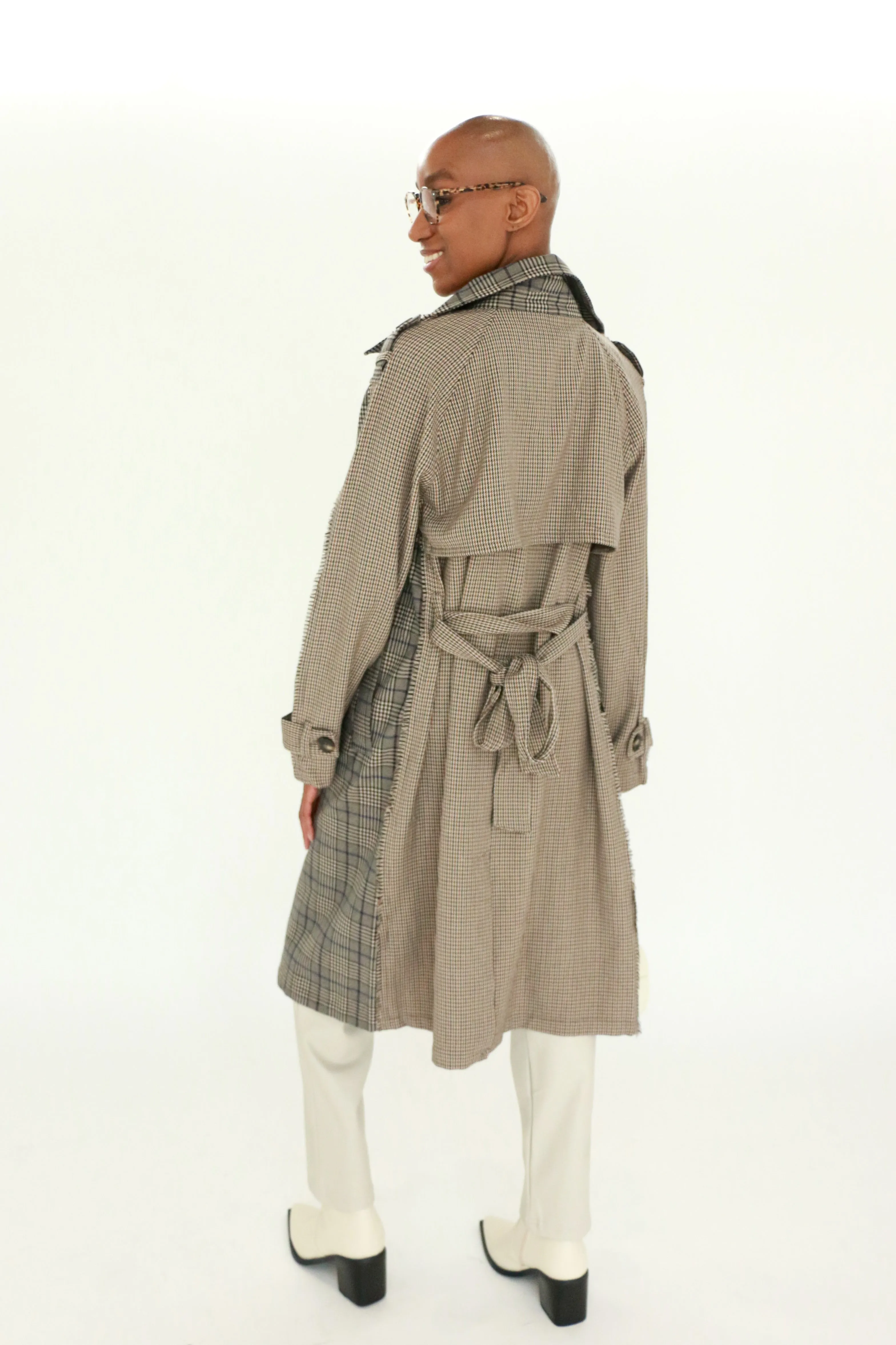 Shinely Plaid & Houndstooth Trench Coat