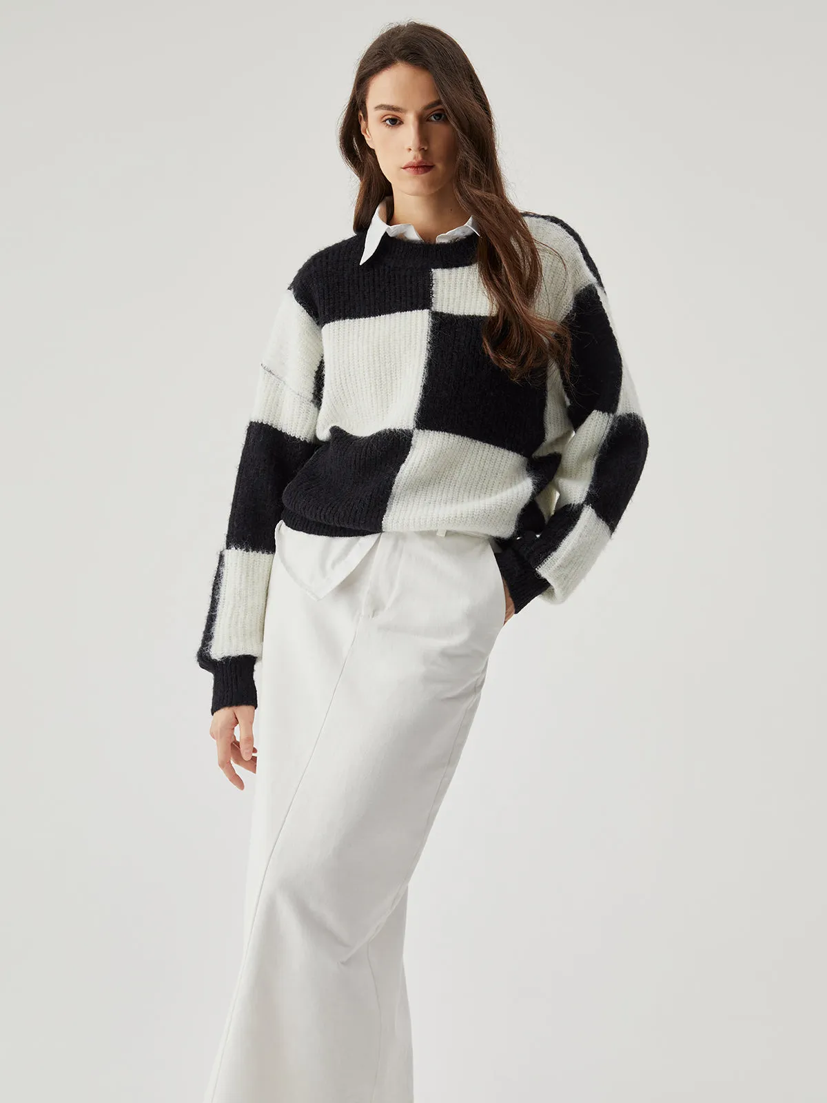 Wenkouban-Christmas Thanksgiving outfits_Check Colorblock Crew Trendy Neck Knit Sweater