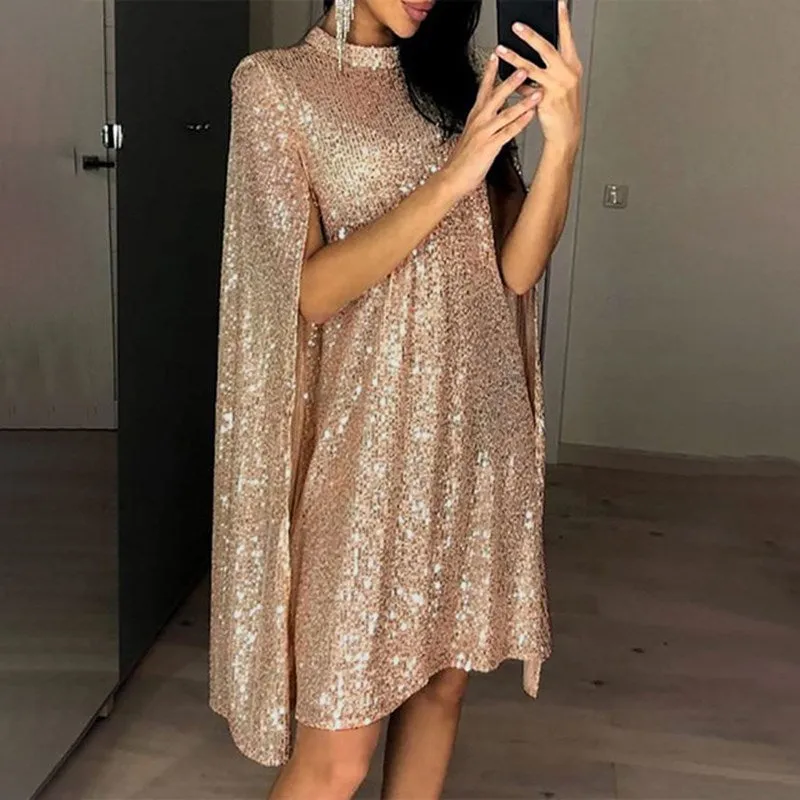 Women's Sequined Party Midi Dress Cloak Sleeves Spring Dresses