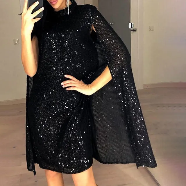 Women's Sequined Party Midi Dress Cloak Sleeves Spring Dresses