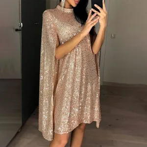Women's Sequined Party Midi Dress Cloak Sleeves Spring Dresses