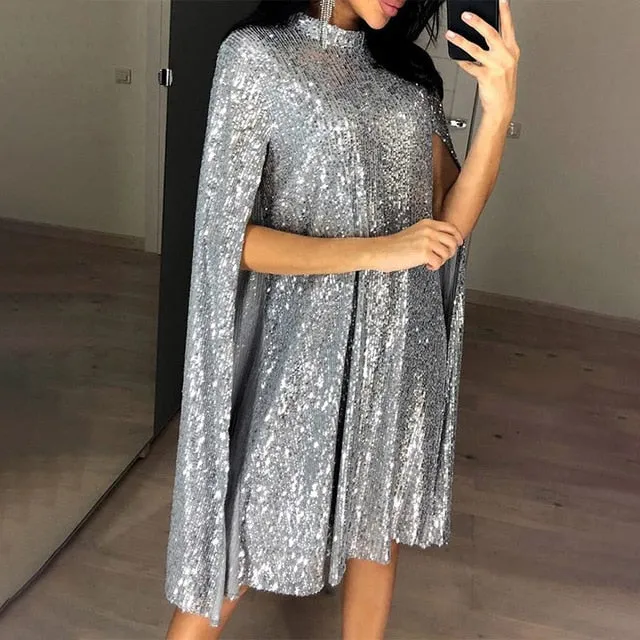 Women's Sequined Party Midi Dress Cloak Sleeves Spring Dresses